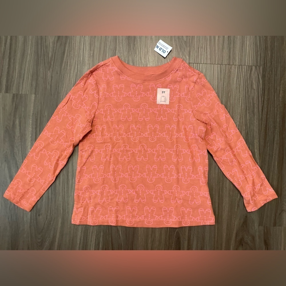 Old Navy Girls Coral with pink Gingerbread print Long Sleeve Shirt size 3T-NWT